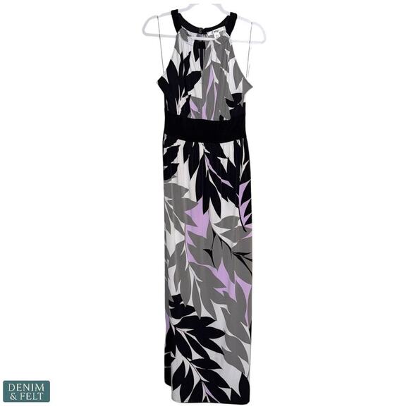 Wisp Calla Knit Maxi Dress Black Gray Lilac Leaf Print Sleeveless Size 8 - Picture 1 of 12